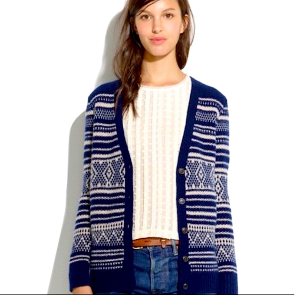 Madewell 100% Wool Dad Cardigan Sz S Cable Knit Stitch Stripe Vintage Style